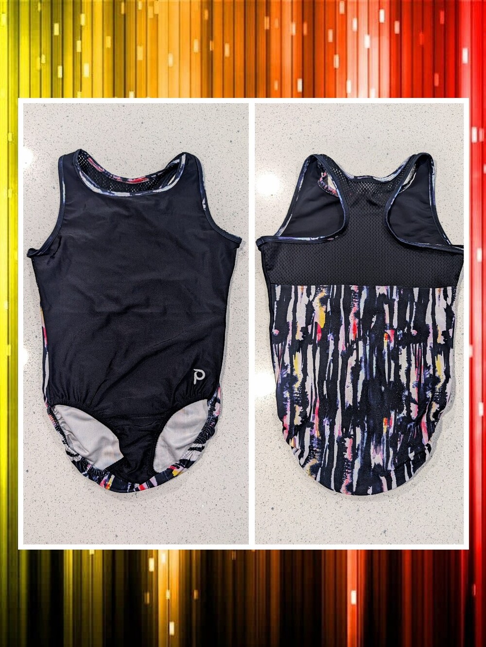 BEAUTIFUL Plum Gymnastics Dance Leotard Medium NEON Rainbow Paint Brush Strokes